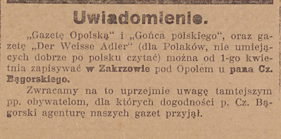 Opole (Zakrzów), Gazeta Opolska (23.03.1920)