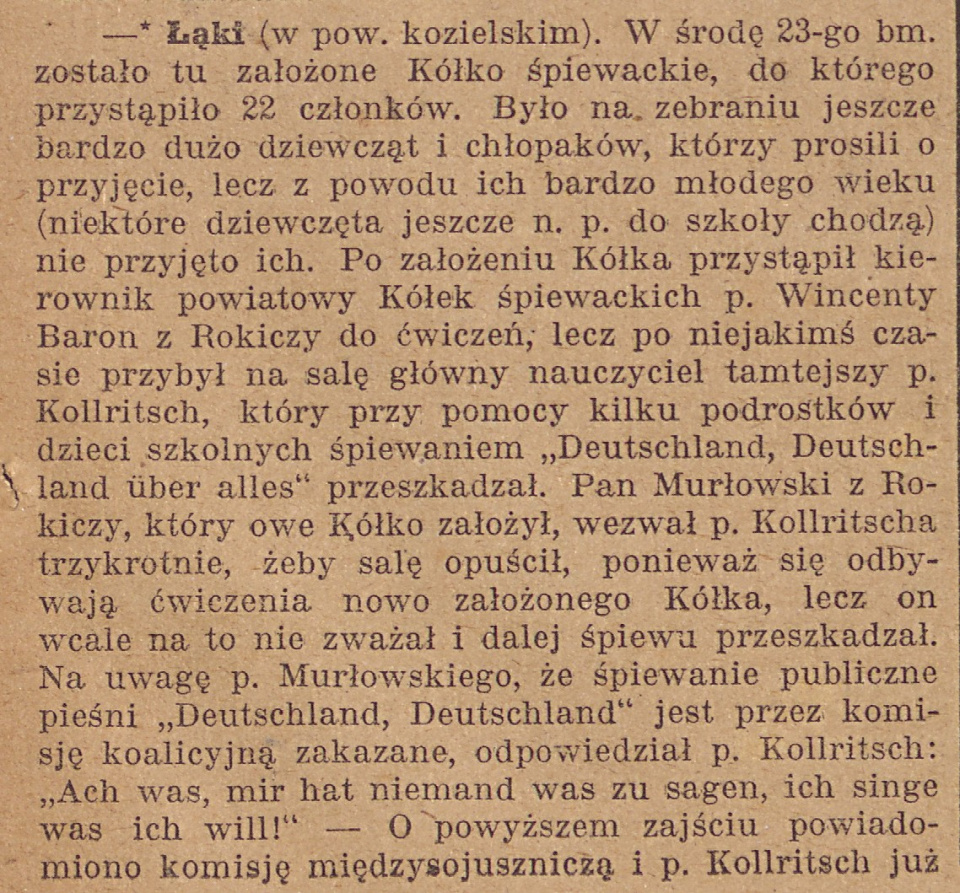 Łąki Kozielskie, Gazeta Opolska cz.1 (30.03.1920)