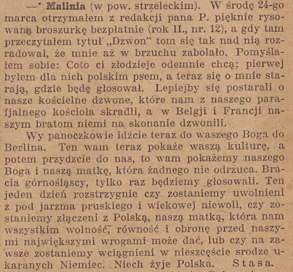 Malnia, Gazeta Opolska (30.03.1920)