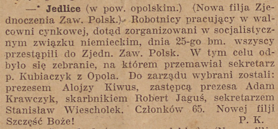 Jedlice, Gazeta Opolska (01.04.1920)