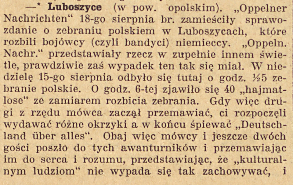 Luboszyce, Gazeta Opolska cz.1 (02.09.1920)