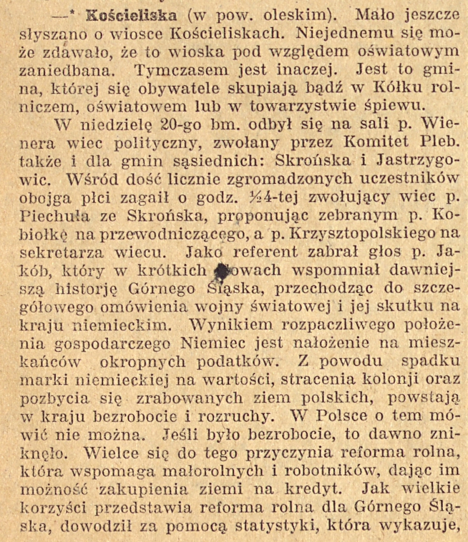 Kościeliska, Gazeta Opolska cz.1 (28.09.1920)