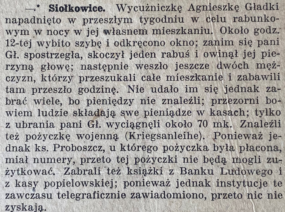 Siołkowice, Gazeta Opolska (01.10.1919)
