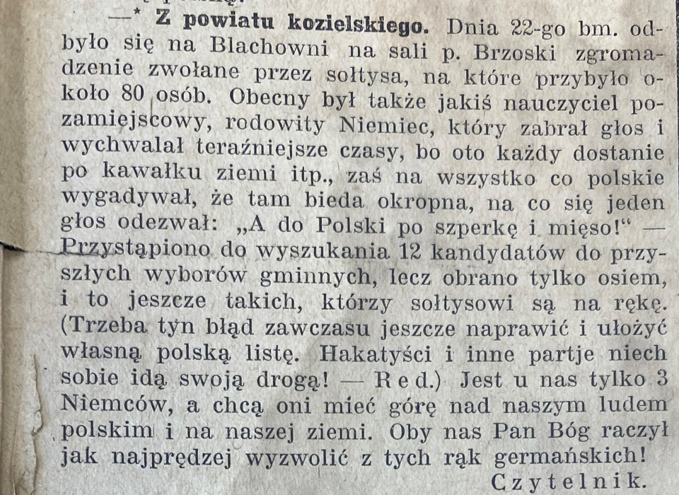 Kędzierzyn-Koźle (Blachownia Śląska), Gazeta Opolska (26.10.1919)