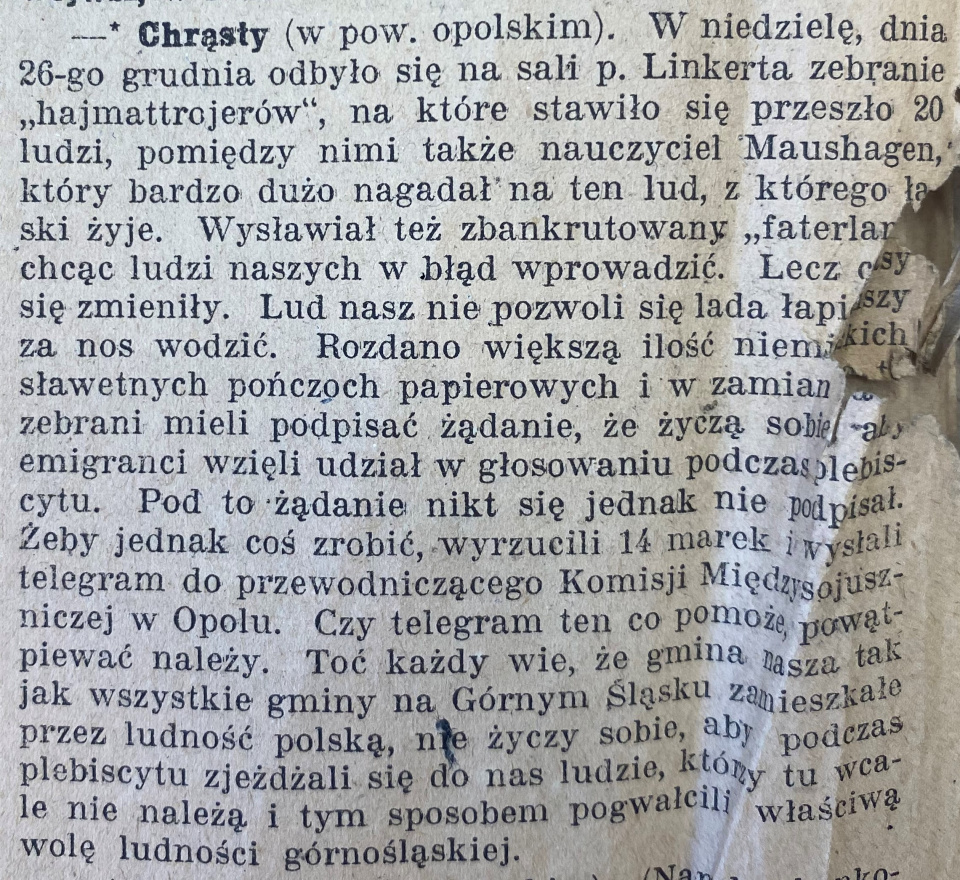 Chrząstowice, Gazeta Opolska (28.10.1919)
