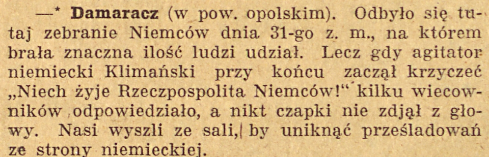 Domaradz, Gazeta Opolska (09.11.1920)
