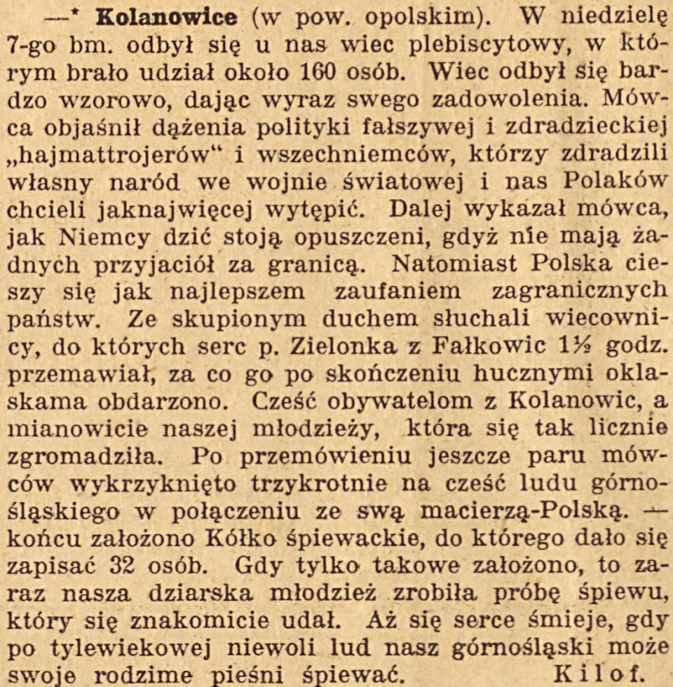 Kolanowice, Gazeta Opolska (12.11.1920)