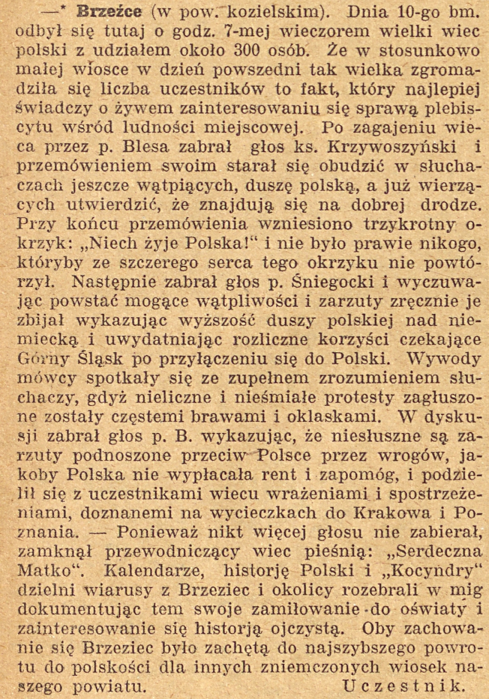 Brzeźce, Gazeta Opolska (16.11.1920)