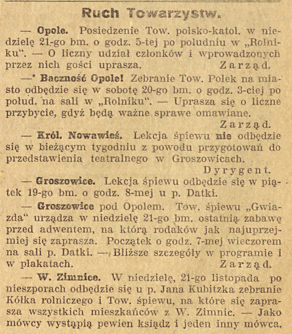 Opole (Nowa Wieś Królewska, Groszowice), Zimnice Wielkie, Gazeta Opolska (19.11.1920)