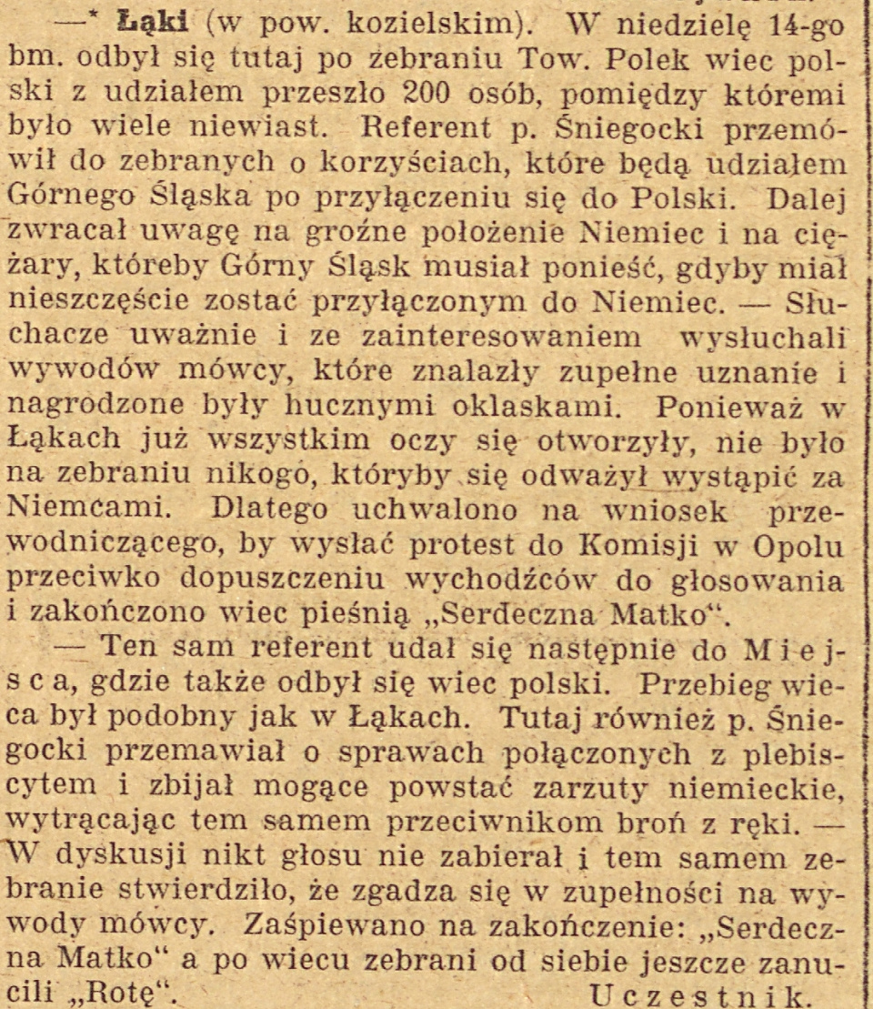 Łąki Kozielskie, Gazeta Opolska (23.11.1920)