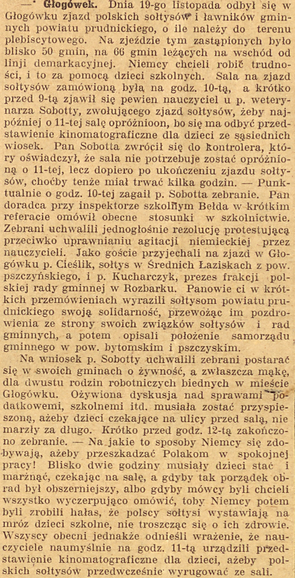 Głogówek, Gazeta Opolska (01.12.1920)