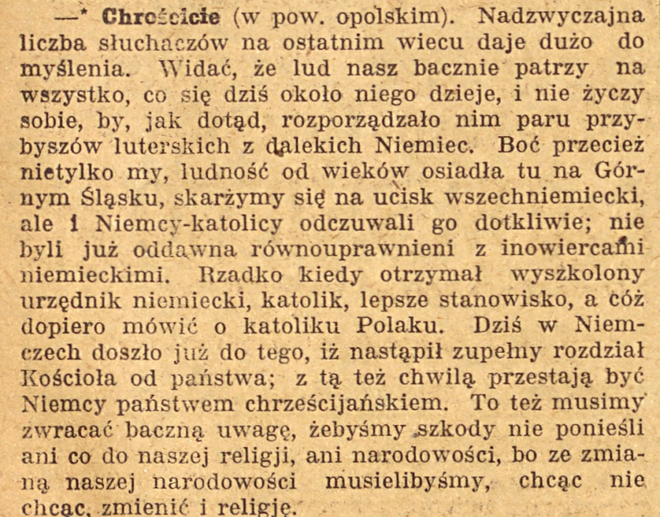 Chróścice, Gazeta Opolska (02.12.1920)
