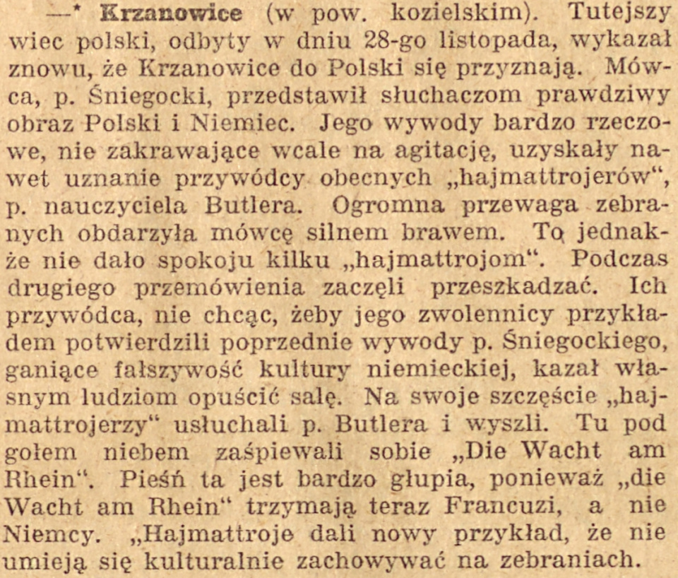 Krzanowice, Gazeta Opolska (07.12.1920)