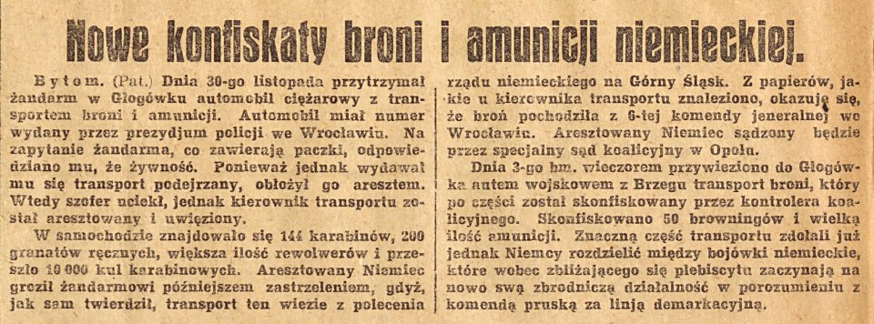 Bytom, Głogówek, Brzeg, Gazeta Opolska (08.12.1920)