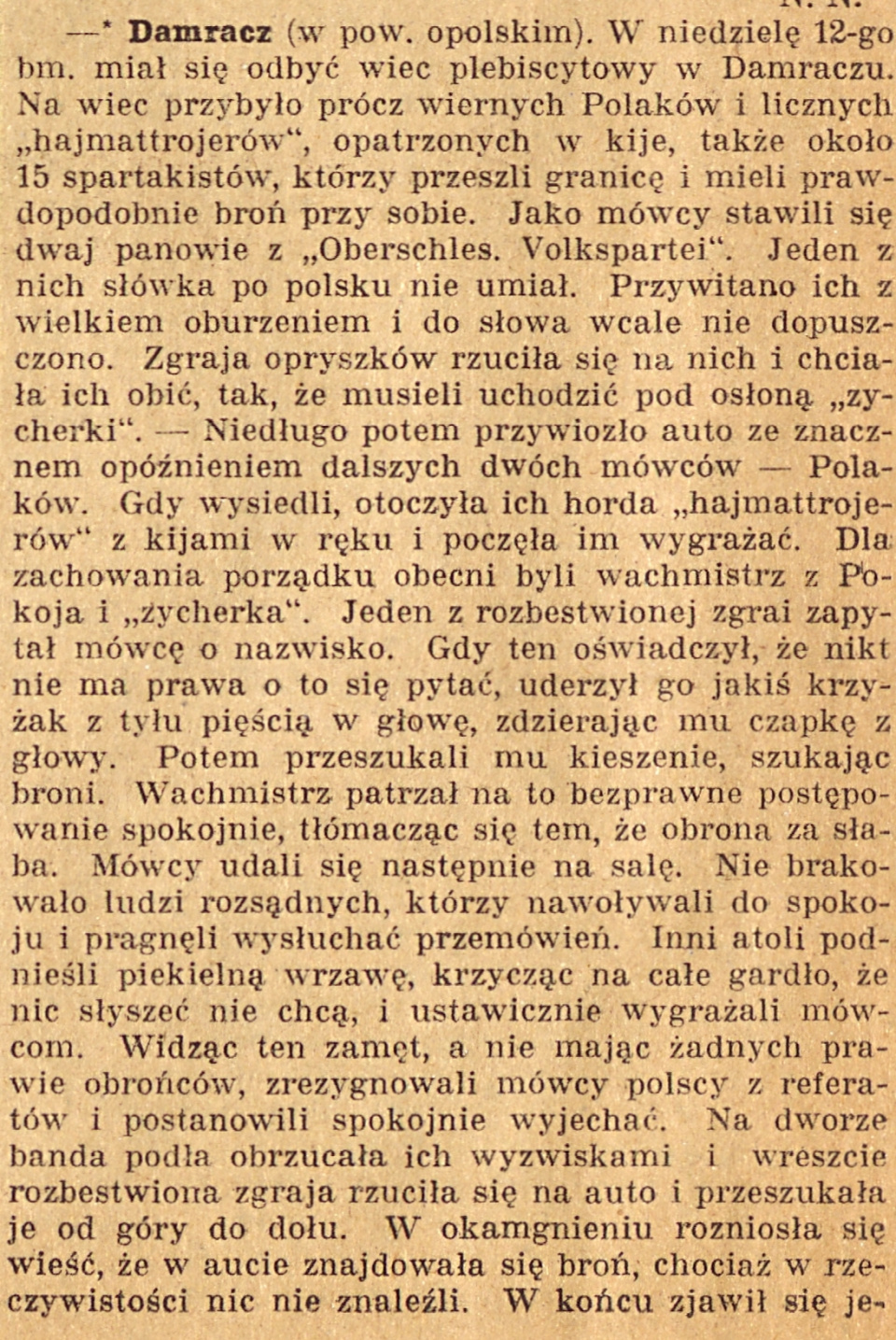 Domaradz, Gazeta Opolska cz.1 (17.12.1920)