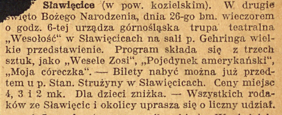 Kędzierzyn-Koźle (Sławięcice), Gazeta Opolska (22.12.1920)