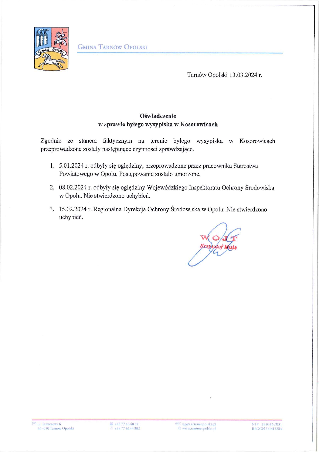 Oświadczenie w sprawie byłego wysypiska w Kosorowicach. page-0001