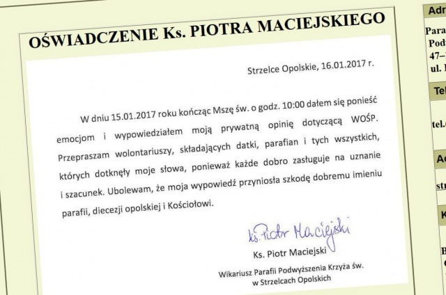 Wikary ze Strzelec Opolskich przeprasza za wypowiedź o WOŚP