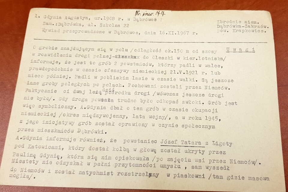 Notatka z 1967 roku o miejscu pochówku powstańców [fot. A. Pospiszyl]