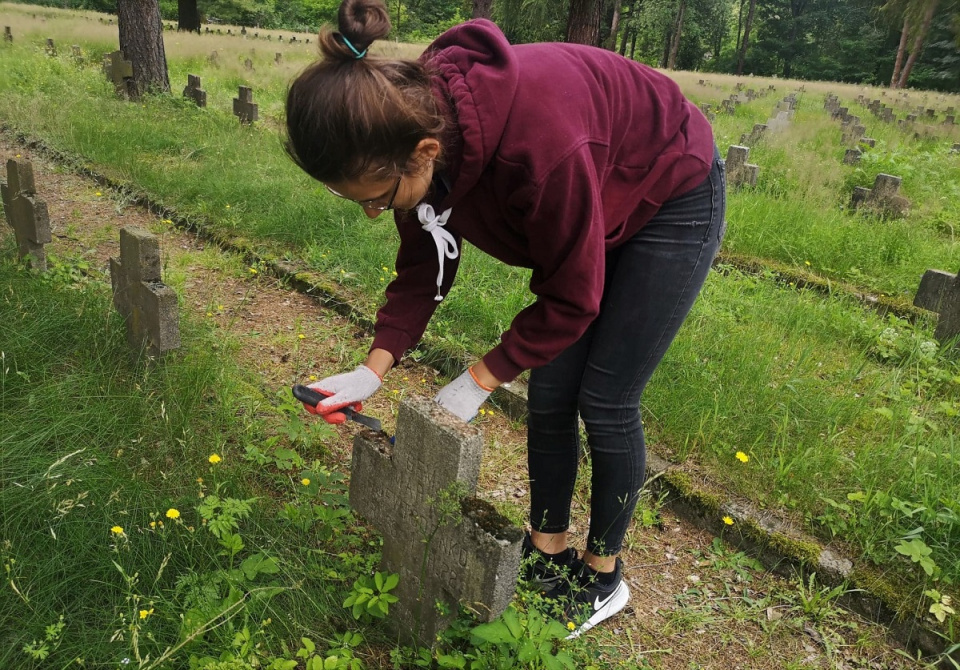 "Żeby przyszłe pokolenia mogły odnaleźć przodków". Młodzież pomaga w oczyszczaniu krzyży na Starym Cmentarzu Jenieckim w Łambinowicach [fot. Katarzyna Doros]