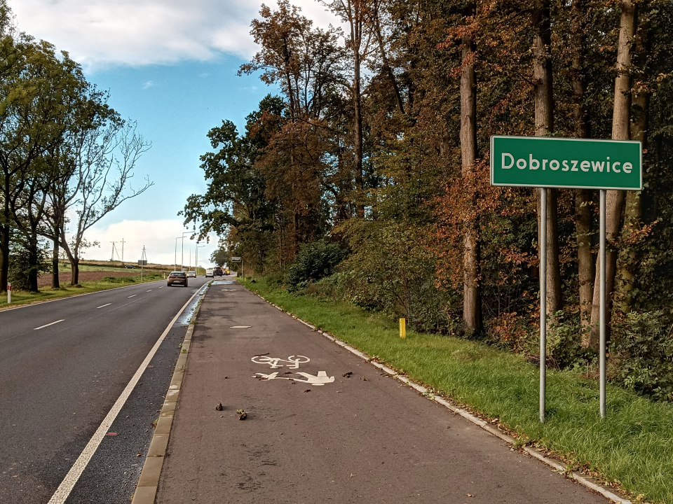 Na ścieżce rowerowej wzdłuż drogi wojewódzkiej 414 widać wyciek z szamba w Dobroszewicach [zdj. Jan Poniatyszyn]