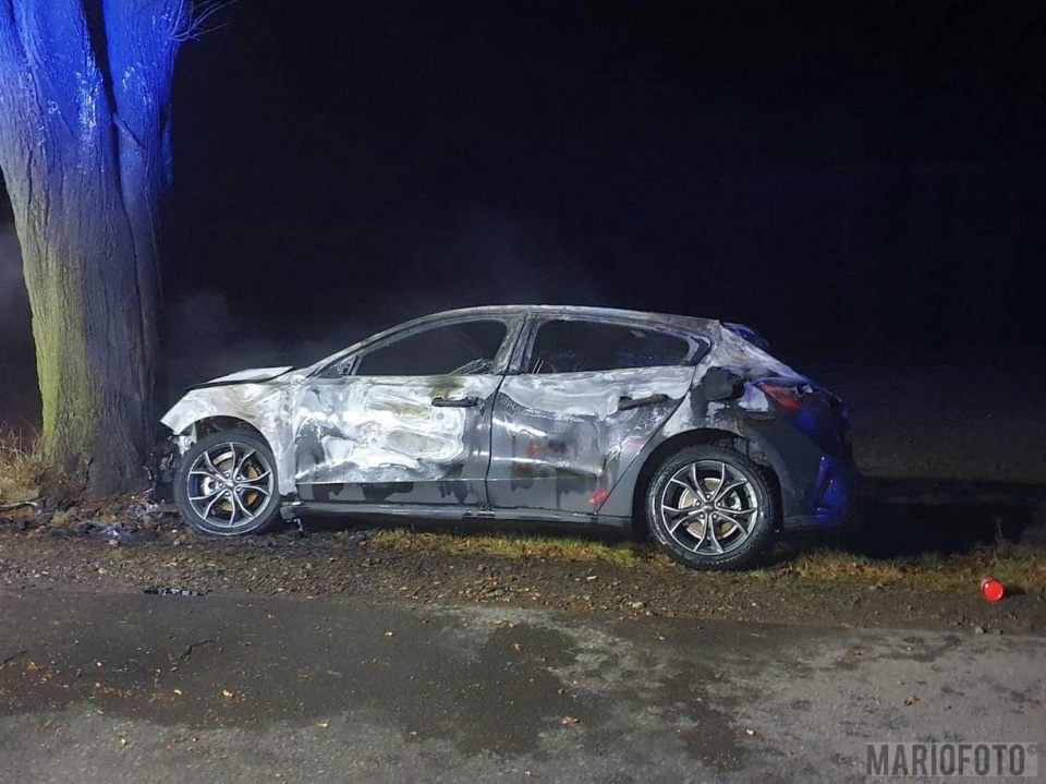 W gminie Lasowice Wielkie samochód uderzył w drzewo i zapalil się [fot. Mario