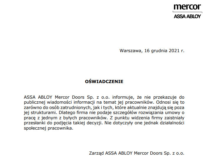 Oświadczenie firmy ASSA ABLOY Mercor Doors