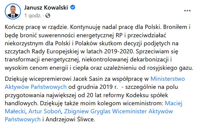 Janusz Kowalski nie jest już wiceministrem aktywów państwowych