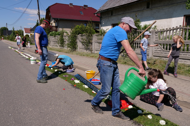 Ta tradycja ma ponad 100 lat. Mieszkańcy Klucza, Olszowej i Zimnej Wódki znów ozdobili swoje wsie dywanami z kwiatów [ZDJĘCIA, FILM]