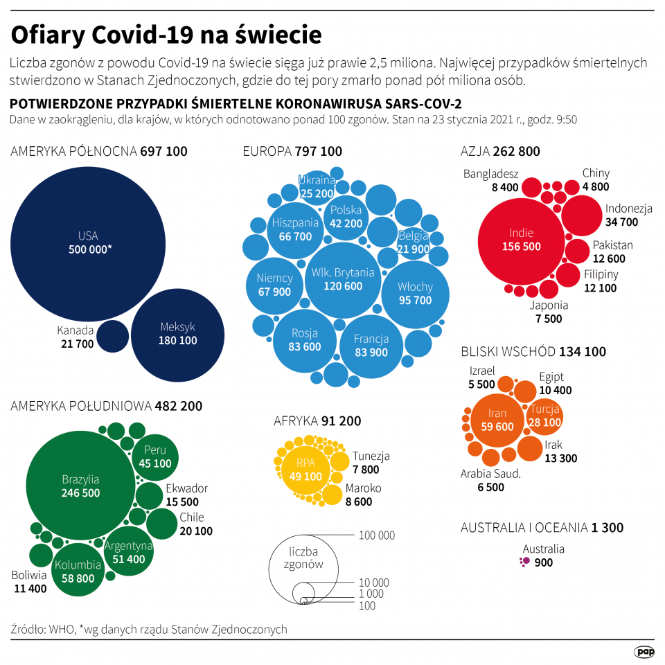 Infografika "Ofiary Covid-19 na świecie" [autor: Maciej Zieliński, źródło: PAP]