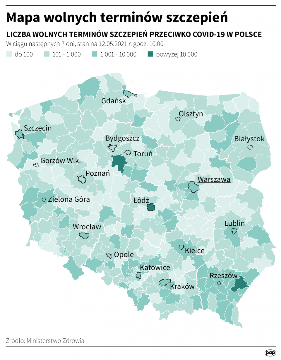 Mapa wolny terminów szczepień w Polsce - stan na 12 maja [fot. Maciej Zieliński/PAP]
