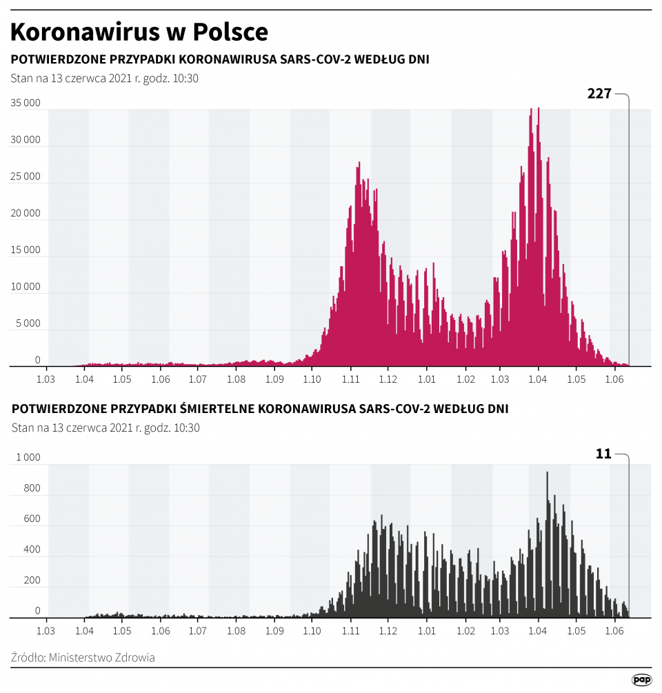 Koronawirus w Polsce - stan na 13 czerwca [Autor: Maciej Zieliński, PAP]