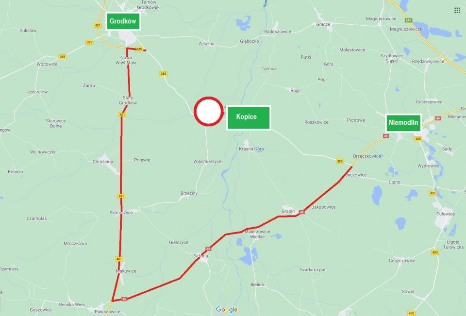 Zamknięto DW 385 w Kopicach. Mapa - ZDW Opole