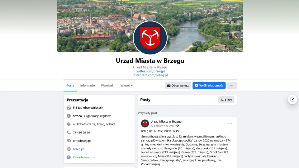 Profil facebookowy Urzędu Miasta w Brzegu
