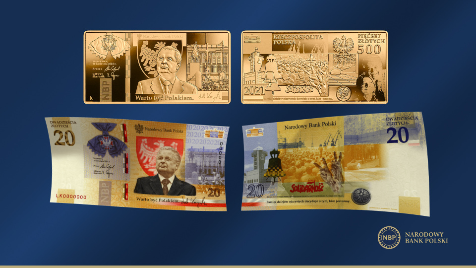 Zdjęcia banknotu i monet z wizerunkiem prezydenta Lecha Kaczyńskiego [fot. mat. NBP]