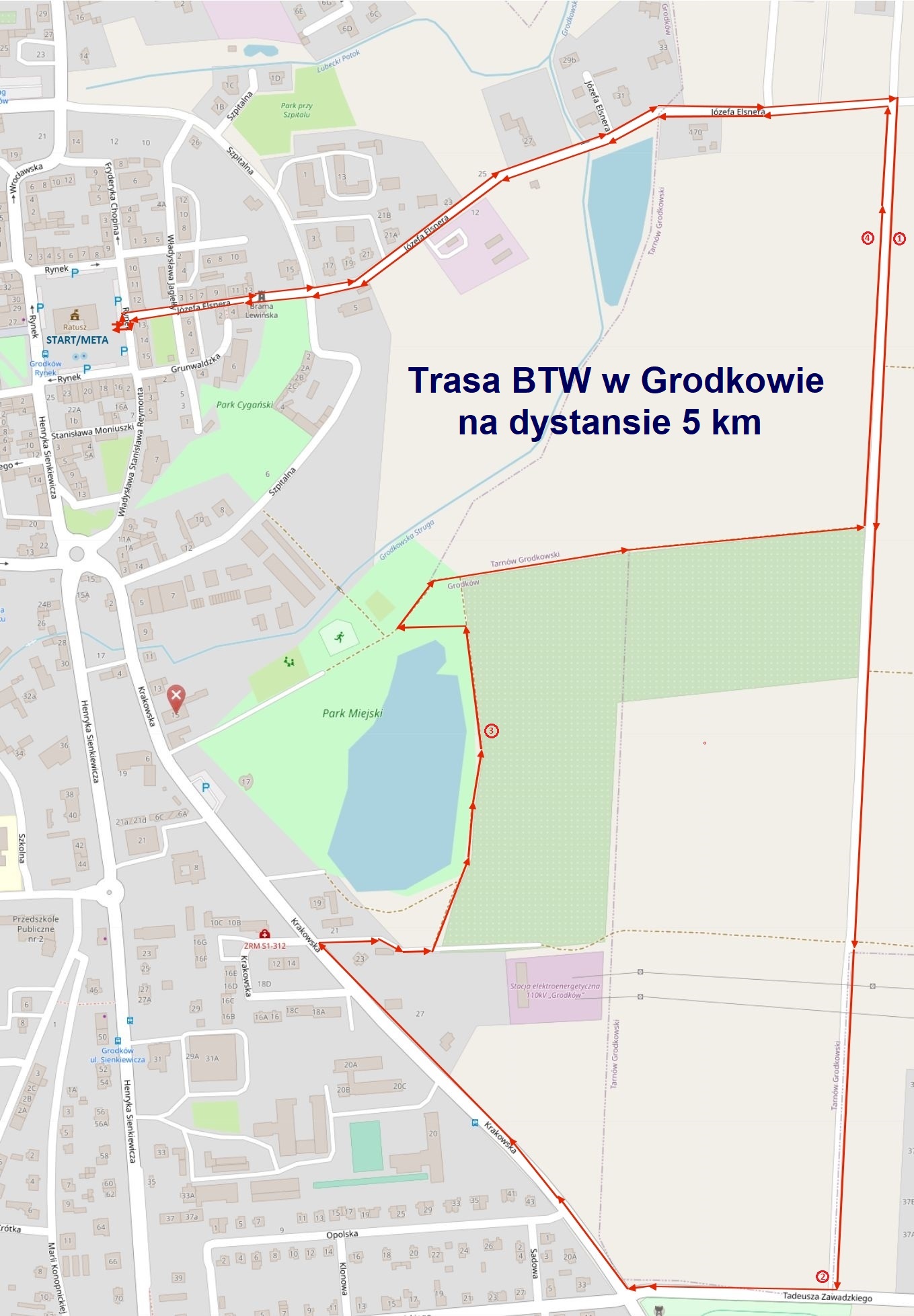 Mapa 5-kilometrowego Biegu Tropem Wilczym w Grodkowie
