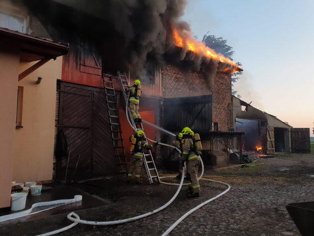 5-godzinna akcja strażaków w Brzózkach. Kilkanaście zastępów gasiło pożar gospodarstwa rolnego