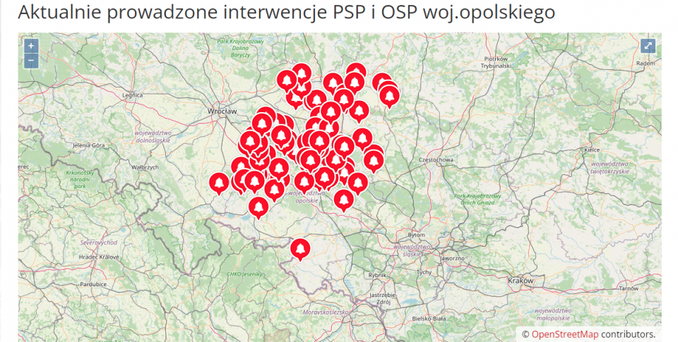 Mapa aktualnie prowadzonych działań przez strażaków [fot.www.psp.opole.pl]