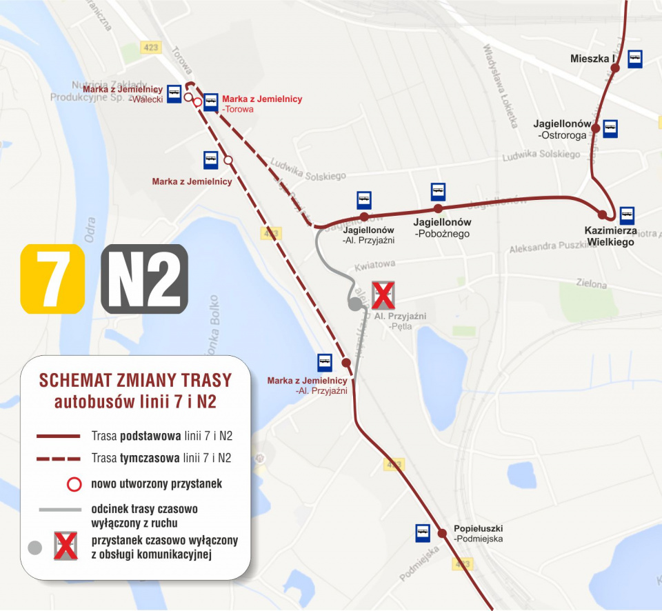 Mapa przystanków dla linii 7 i N2 - al. Przyjaźni [mat. MZK Opole]