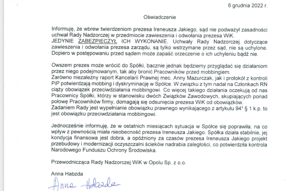 Oświadczenie Anny Habzdy