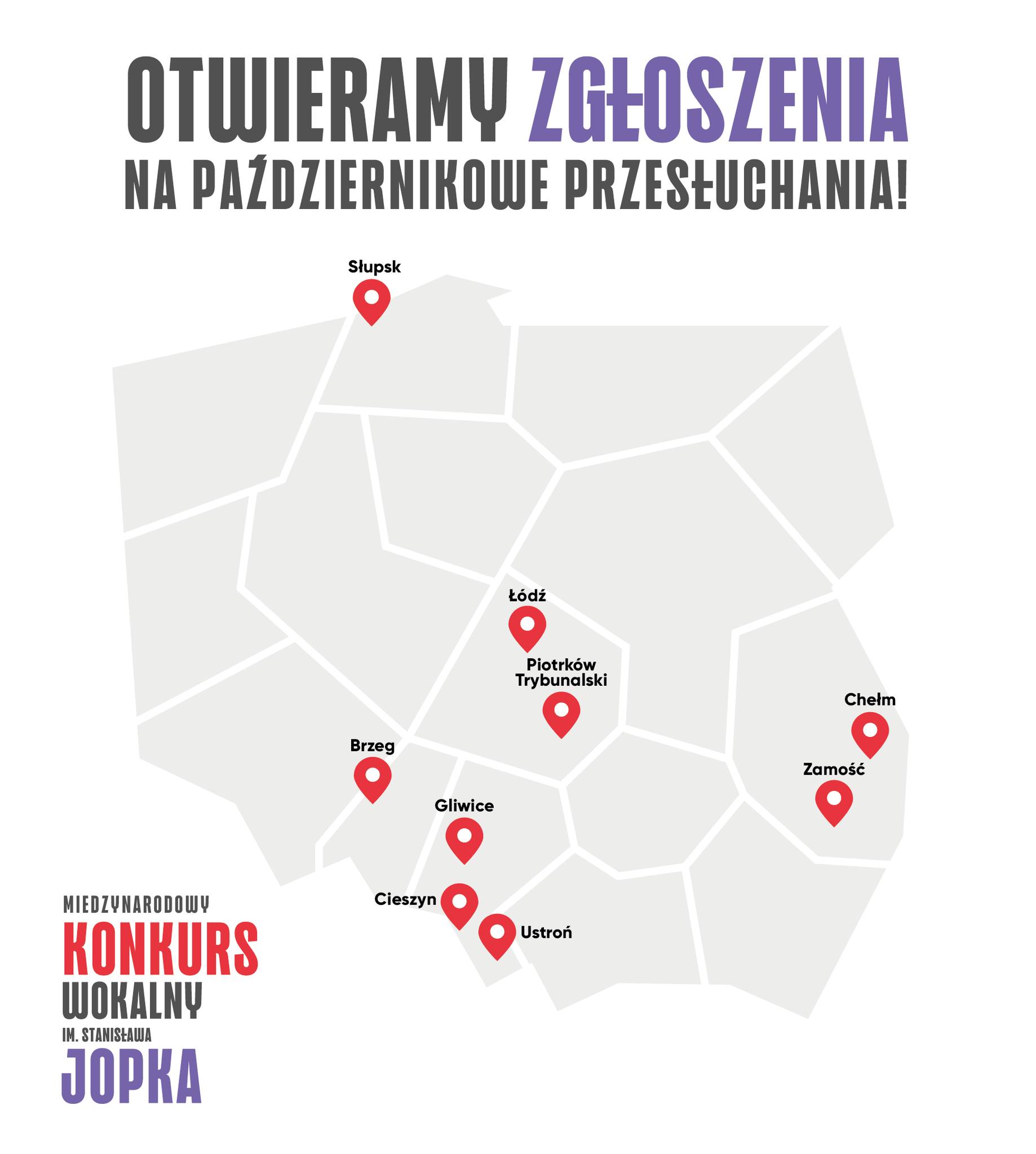 Międzynarodowy Konkurs Wokalny im. Stanisława Jopka - mapa miejscowości, w których odbędą się przesłuchania