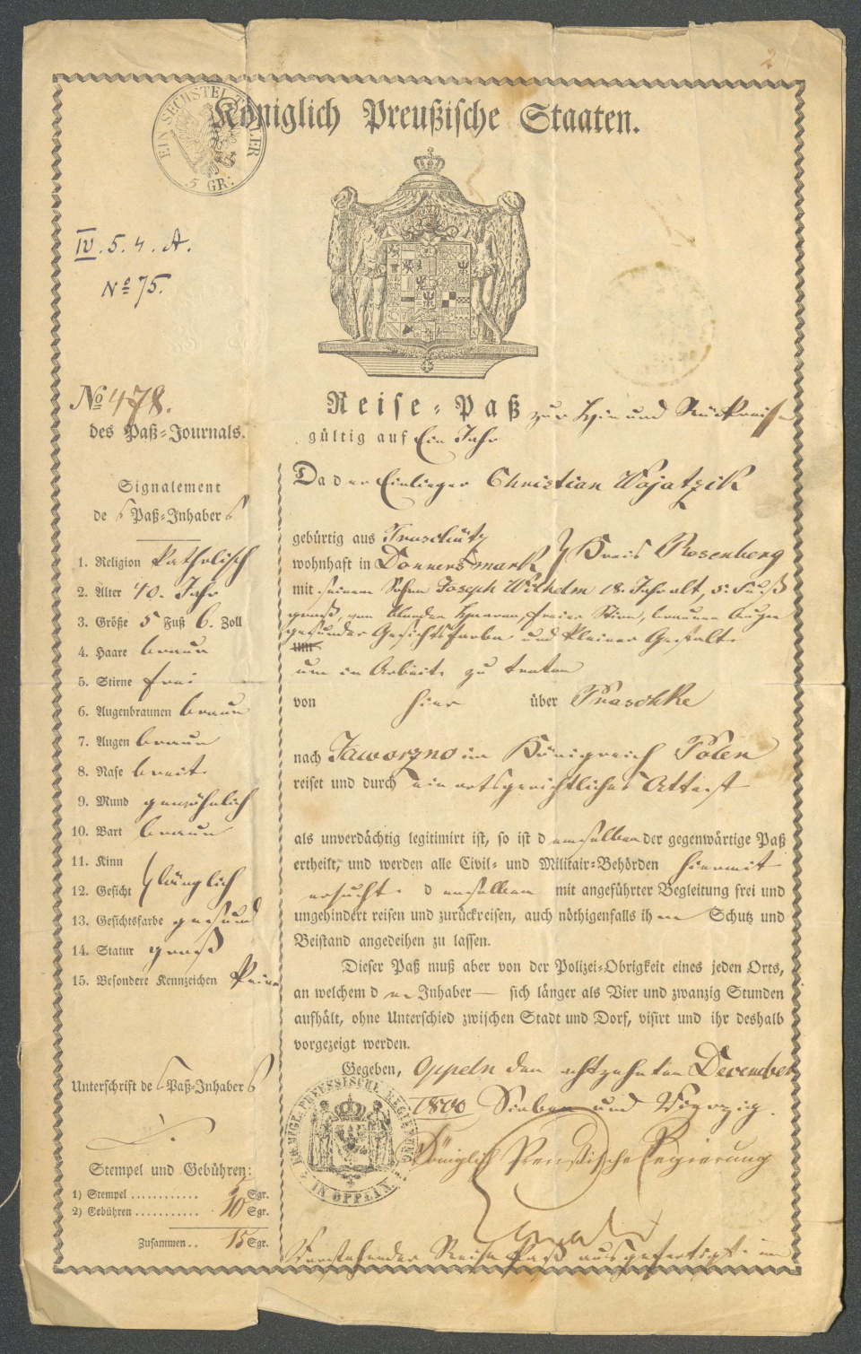 Skan dokumentu podróży z 1848 roku [Archiwum Państwowe w Opolu]