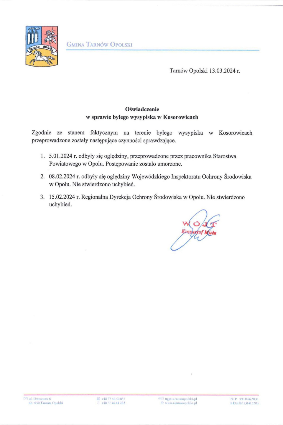 Oświadczenie w sprawie byłego wysypiska w Kosorowicach
